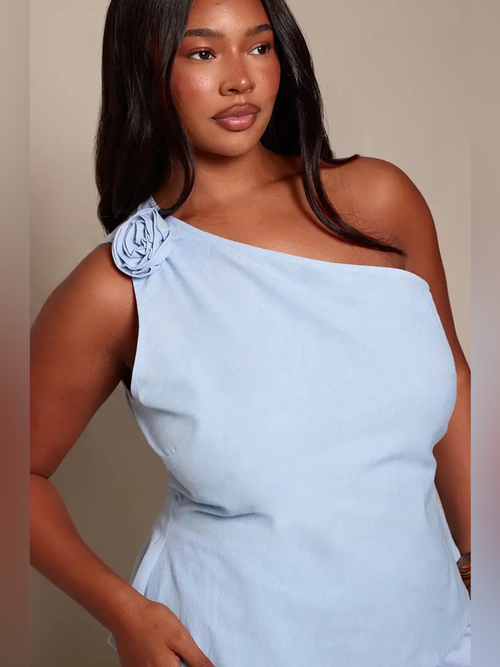 One-Shoulder Light Blue Textured Woven Rose Accent Top NEW ๐ท๏ธ